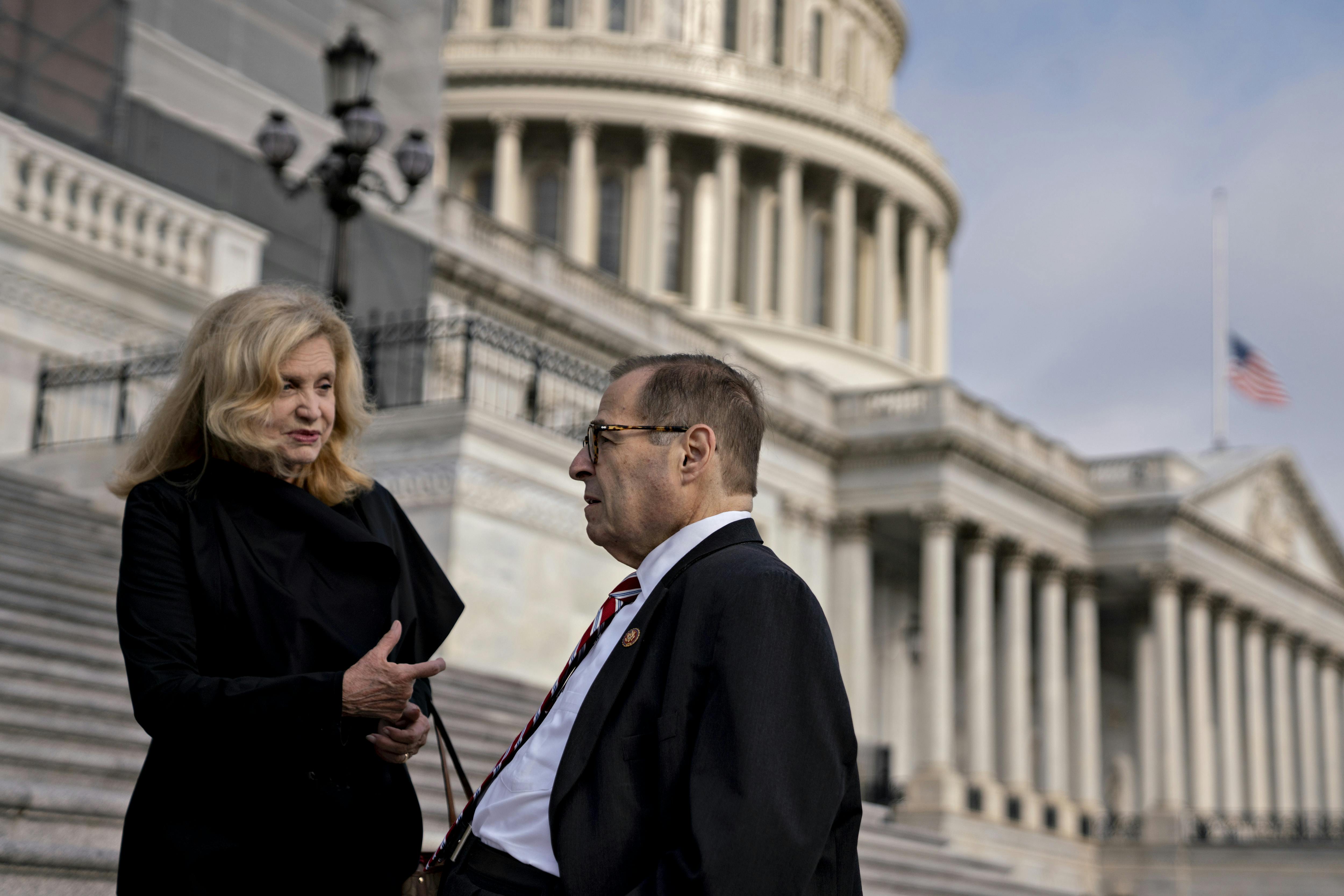 Carolyn Maloney and Jerrold Nadler stand on the steps of the U.S. Capitol in 2019.