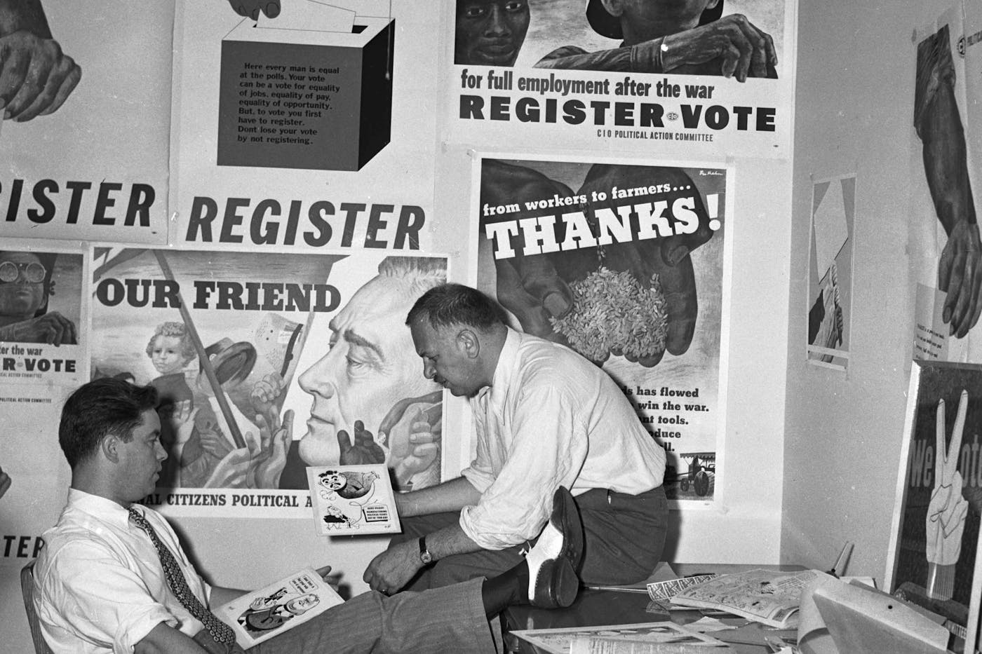 Ben Shahn, the American social realist artist (center), meeting with American activist Ping Ferry (left) in 1944