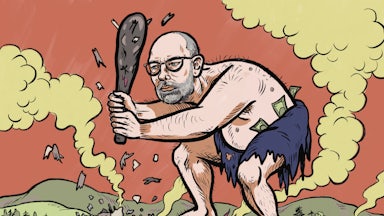 Illustration of Russell Vought depicted as an ogre