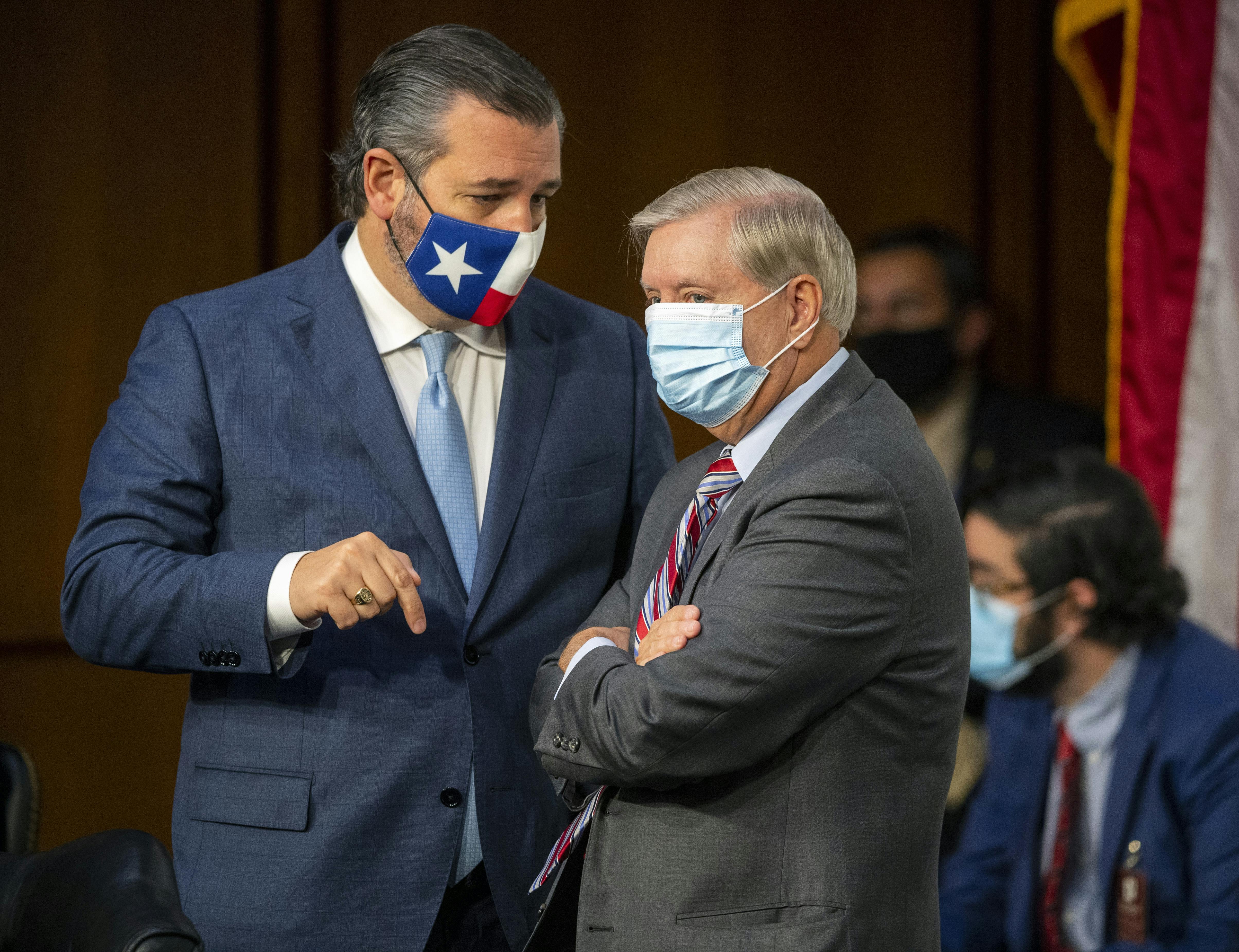 A masked Ted Cruz and Lindsey Graham have a discussion on Capitol Hill.