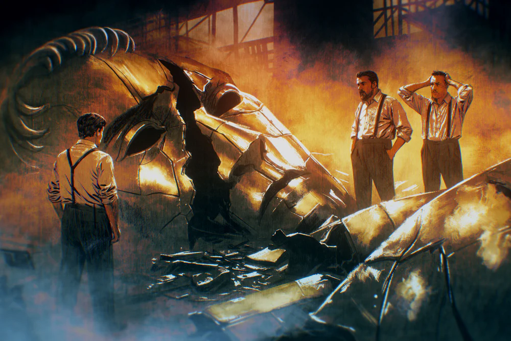 Illustration depicting members of Atelier Missor surrounding a collapsed sculpture.