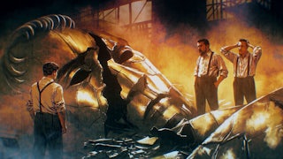 Illustration depicting members of Atelier Missor surrounding a collapsed sculpture.