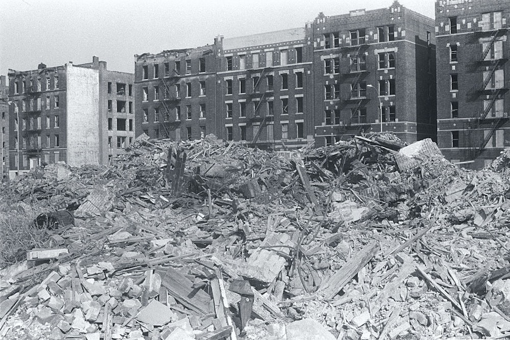 Abandoned buildings amid the rubble of the Bronx, 1976.