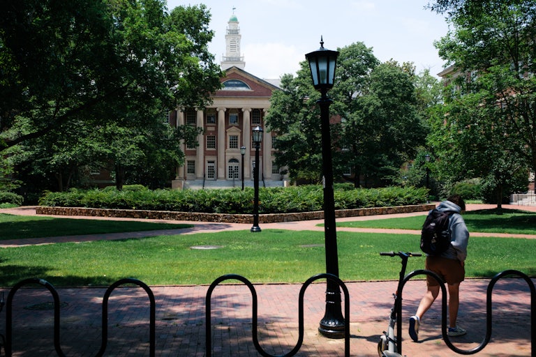 A student walks on the University of North Carolina at Chapel Hill campus