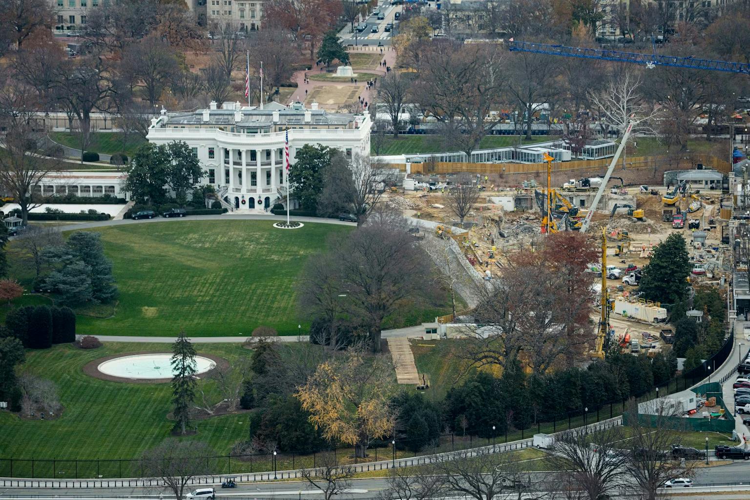 An aerial view of construction at the White House