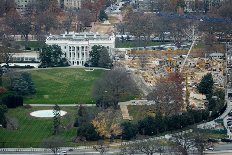 An aerial view of construction at the White House