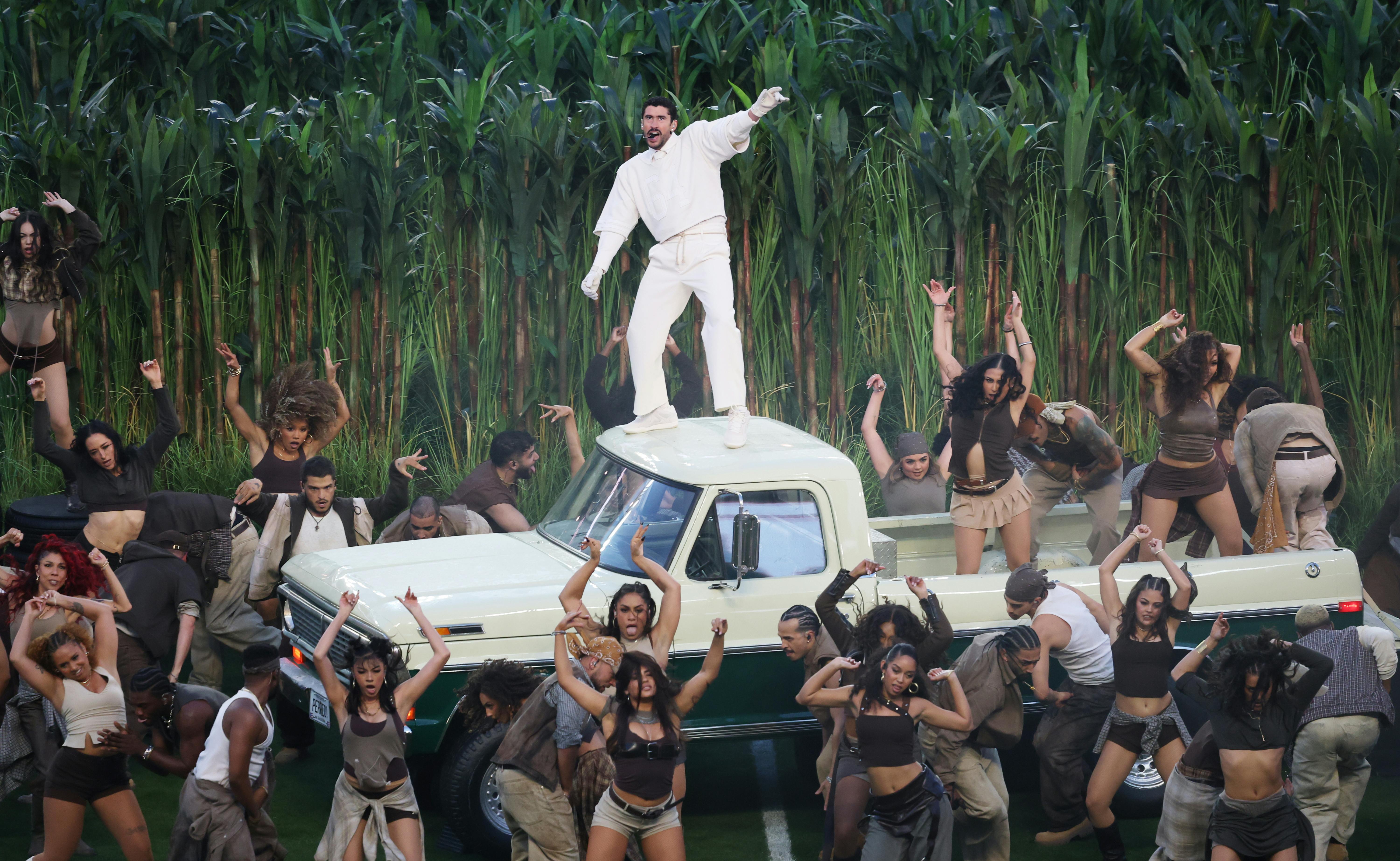 Bad Bunny performs onstage during the Super Bowl LX Halftime Show at Levi’s Stadium on February 8, 2026 in Santa Clara, California. 