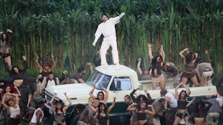 Bad Bunny performs onstage during the Super Bowl LX Halftime Show at Levi’s Stadium on February 8, 2026 in Santa Clara, California.