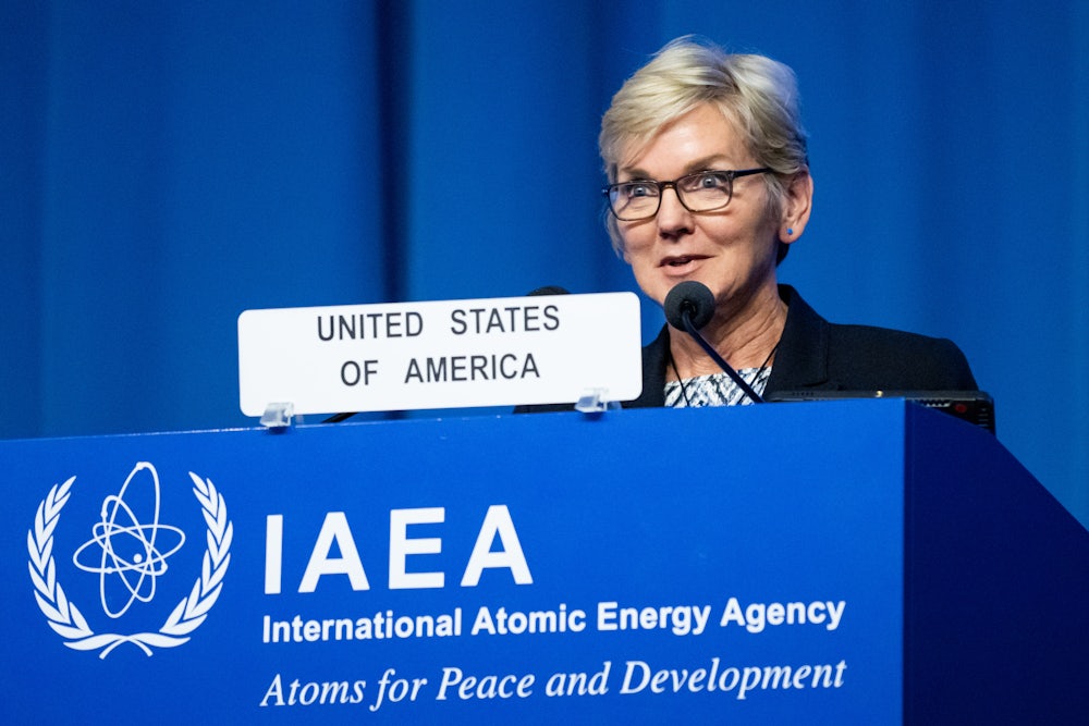 Jennifer Granholm speaks at a podium.