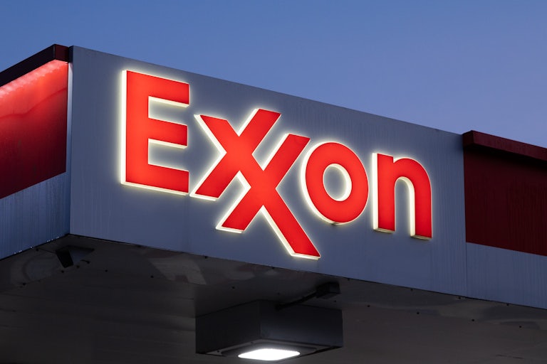 The Exxon logo at a gas station