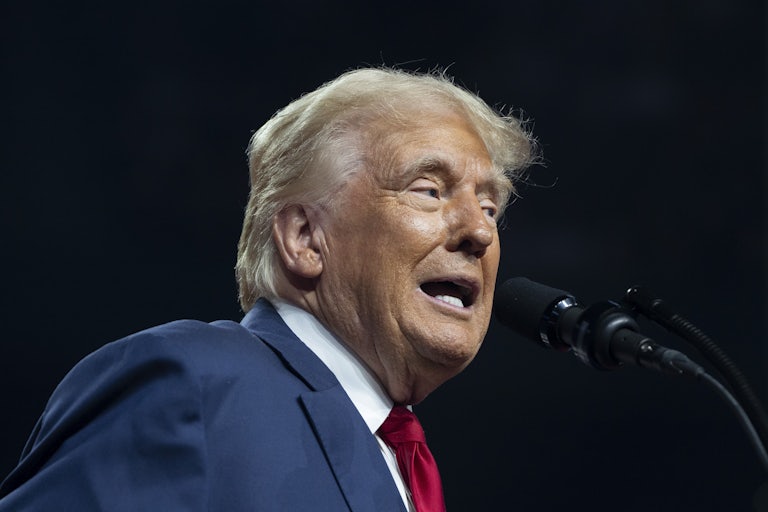 Donald Trump speaks into a microphone at a campaign rally