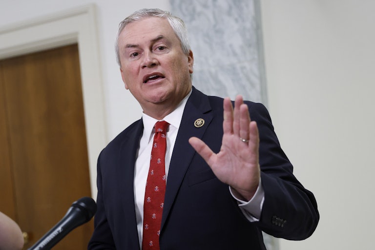 House Oversight Chair James Comer speaks with a hand raised for emphasis