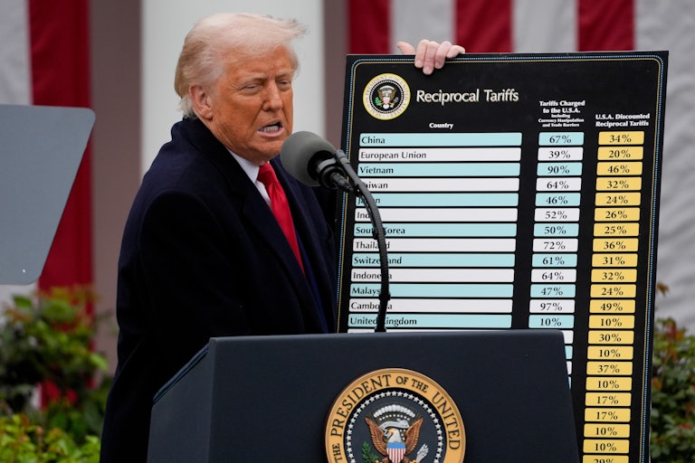 Donald Trump speaks at a podium in the White House Rose Garden while holding up a poster of tariff rates