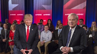 Donald Trump and MSNBC's Chris Matthews sit on stage at a town hall event in Wisconsin.