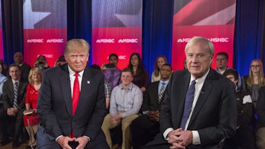 Donald Trump and MSNBC's Chris Matthews sit on stage at a town hall event in Wisconsin.