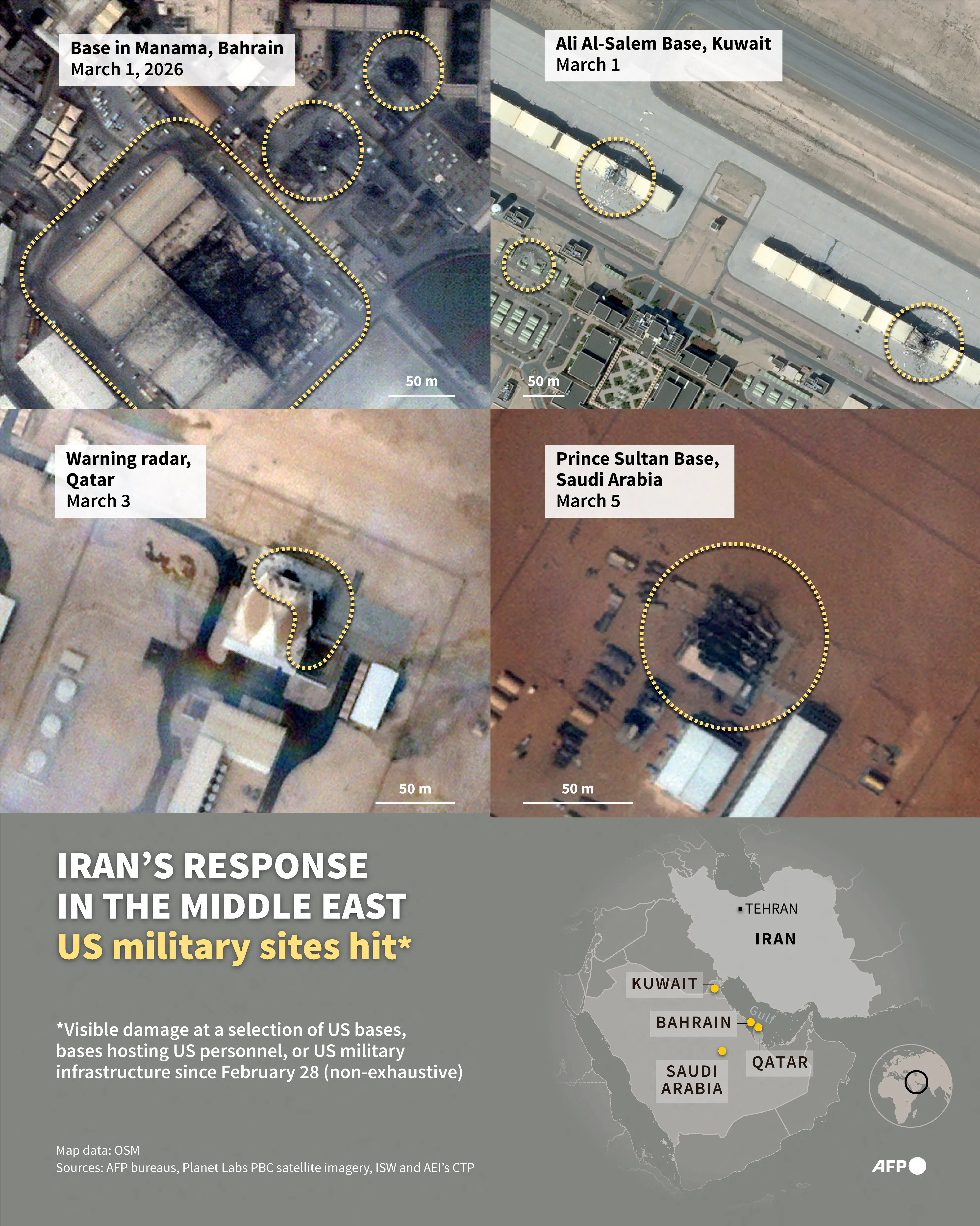 Satellite images of bases destroyed in Iran