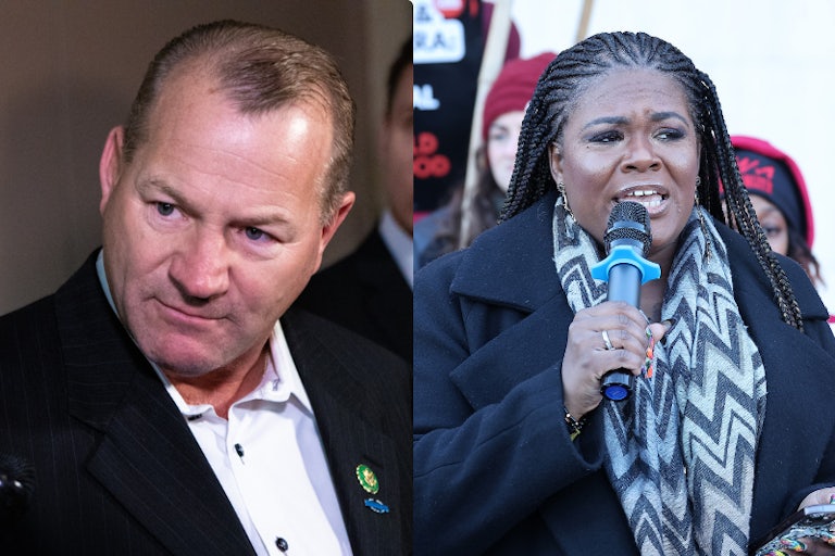 Split screen: On the left, Troy Nehls makes a fist and a weird face while looking off camera. On the right, Cori Bush is speaking into a mic and looks off camera.