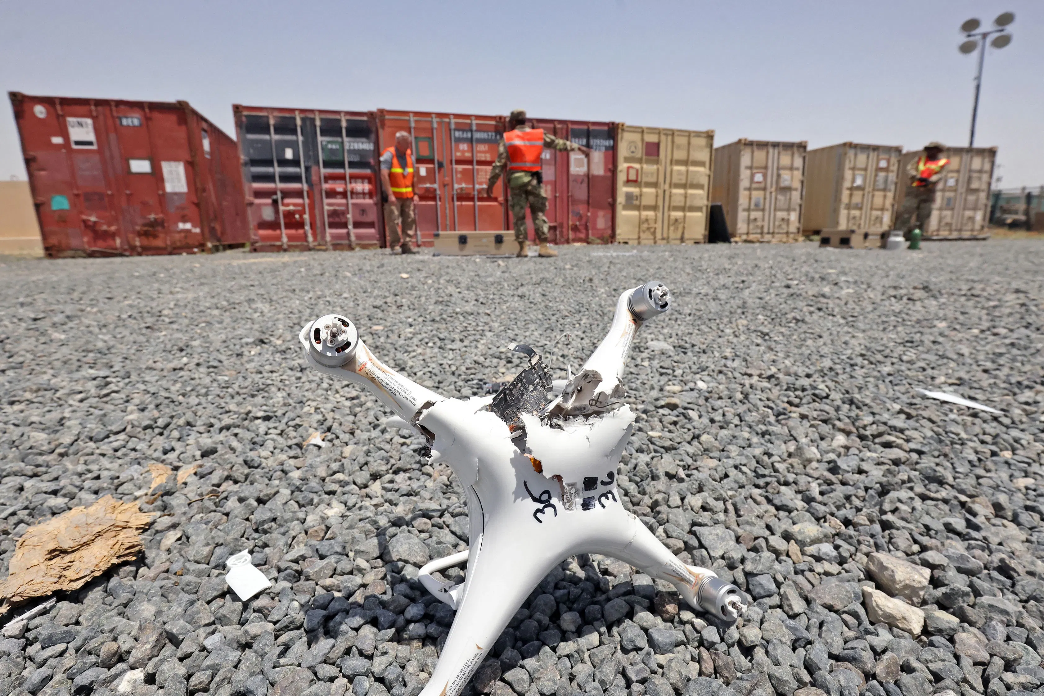 A downed drone during a military drill at Camp Arifjan in Kuwait