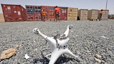 A downed drone during a military drill at Camp Arifjan in Kuwait