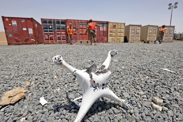 A downed drone during a military drill at Camp Arifjan in Kuwait