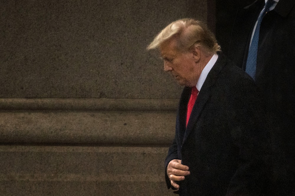 Former U.S. President Donald Trump departs the Waldorf Astoria where he held a press conference following his appearance in court on January, 9 2024 in Washington, DC. The D.C. Appeals Court held a hearing on the former President's claim that he is immune from prosecution in the 2020 election case.