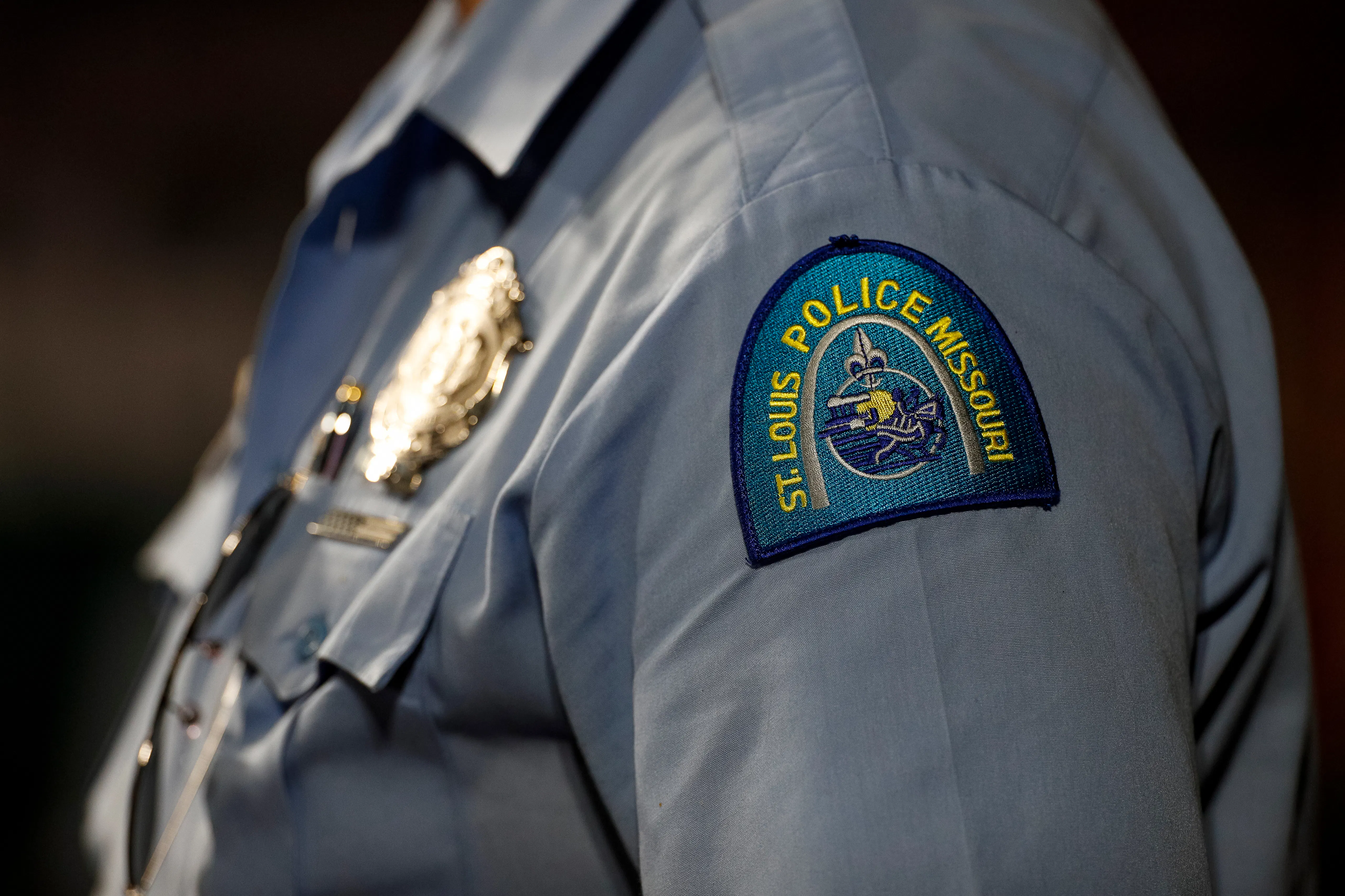 ST. LOUIS, MO - JULY 17: A St. Louis Police Missouri uniform patch during the seventh inning between the St. Louis Cardinals and the Miami Marlins at Busch Stadium on July 17, 2023 in St. Louis, Missouri.