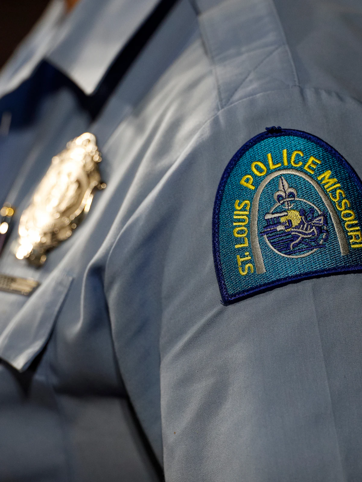 ST. LOUIS, MO - JULY 17: A St. Louis Police Missouri uniform patch during the seventh inning between the St. Louis Cardinals and the Miami Marlins at Busch Stadium on July 17, 2023 in St. Louis, Missouri.