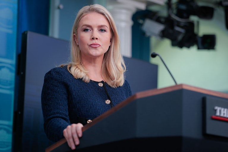 White House press secretary Karoline Leavitt stands at the podium in the briefing room.