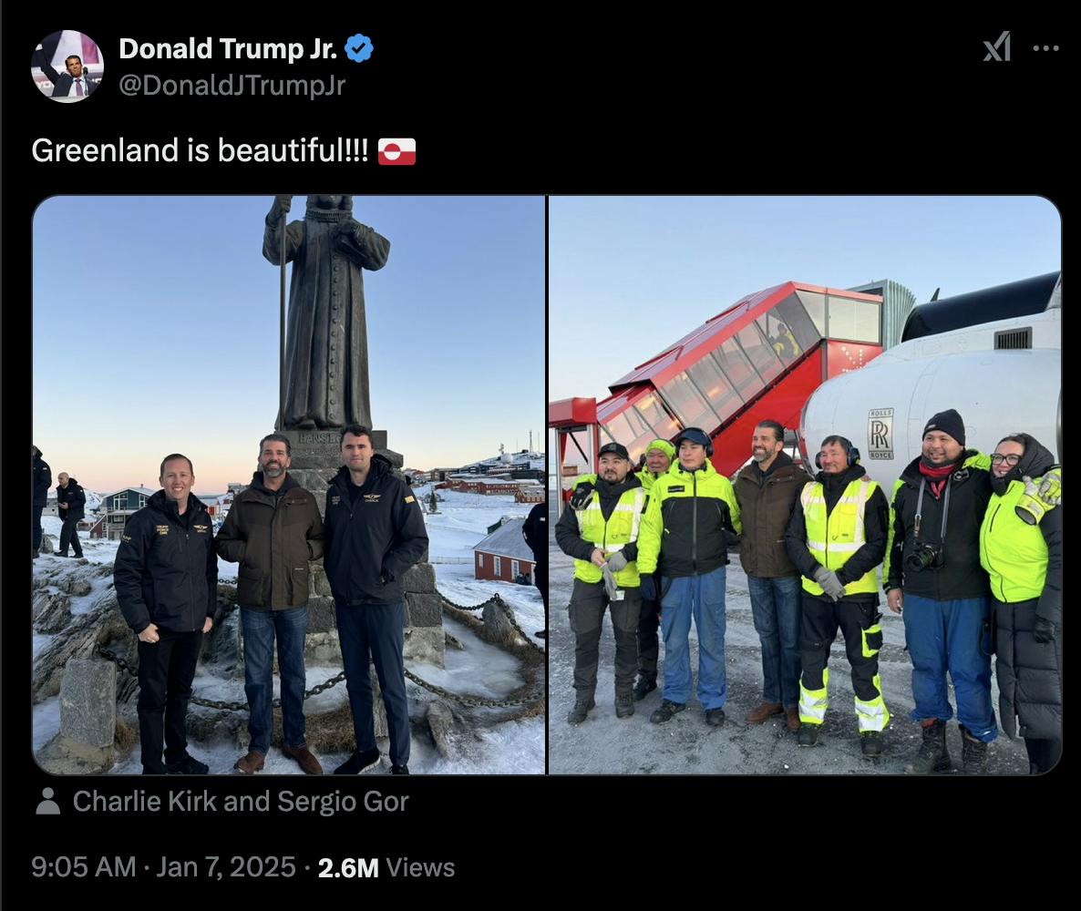 A screenshot of a tweet from Donald Trump Jr. showing pictures from his visit to Greenland with Sergio Gor and Charlie Kirk. 