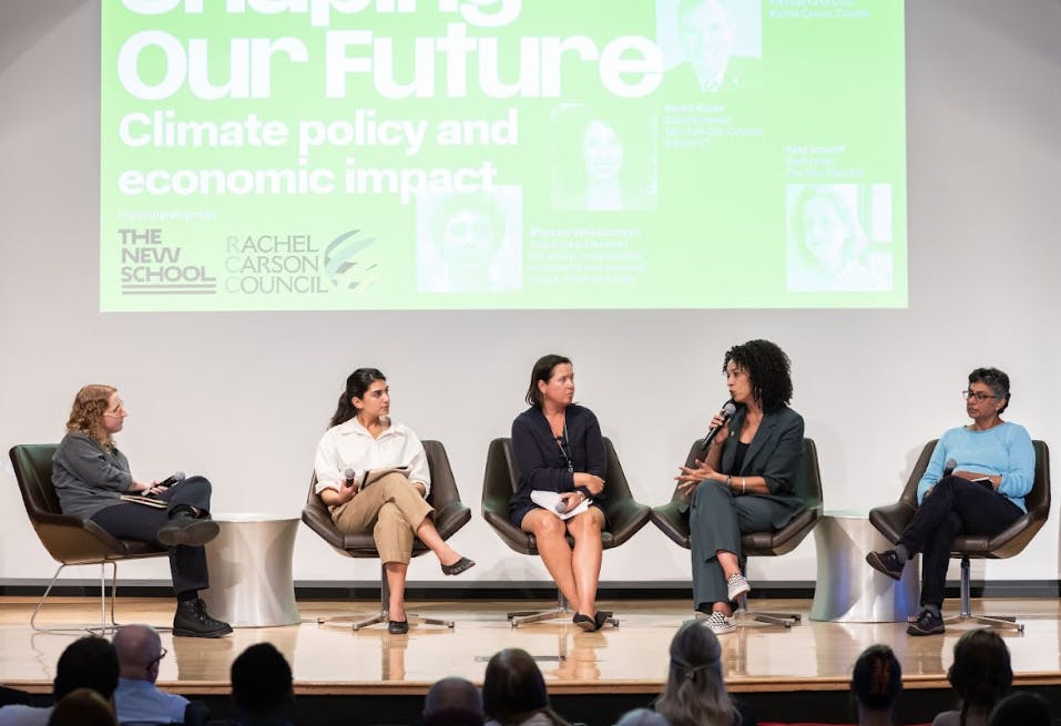 From left to right: The New Republic’s Kate Aronoff moderates a discussion with Labor Director at the Climate & Community Institute Batul Hassan, New School Assistant Professor of Environmental Policy Ana Baptista, New York City Councilwoman Sandy Nurse, and The New School Associate Professor of Chemistry Bhawani Venkataraman.