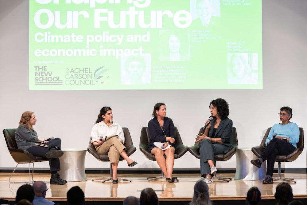 From left to right: The New Republic’s Kate Aronoff moderates a discussion with Labor Director at the Climate & Community Institute Batul Hassan, New School Assistant Professor of Environmental Policy Ana Baptista, New York City Councilwoman Sandy Nurse, and The New School Associate Professor of Chemistry Bhawani Venkataraman.