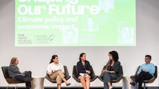 From left to right: The New Republic’s Kate Aronoff moderates a discussion with Labor Director at the Climate & Community Institute Batul Hassan, New School Assistant Professor of Environmental Policy Ana Baptista, New York City Councilwoman Sandy Nurse, and The New School Associate Professor of Chemistry Bhawani Venkataraman.