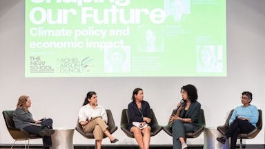 From left to right: The New Republic’s Kate Aronoff moderates a discussion with Labor Director at the Climate & Community Institute Batul Hassan, New School Assistant Professor of Environmental Policy Ana Baptista, New York City Councilwoman Sandy Nurse, and The New School Associate Professor of Chemistry Bhawani Venkataraman.