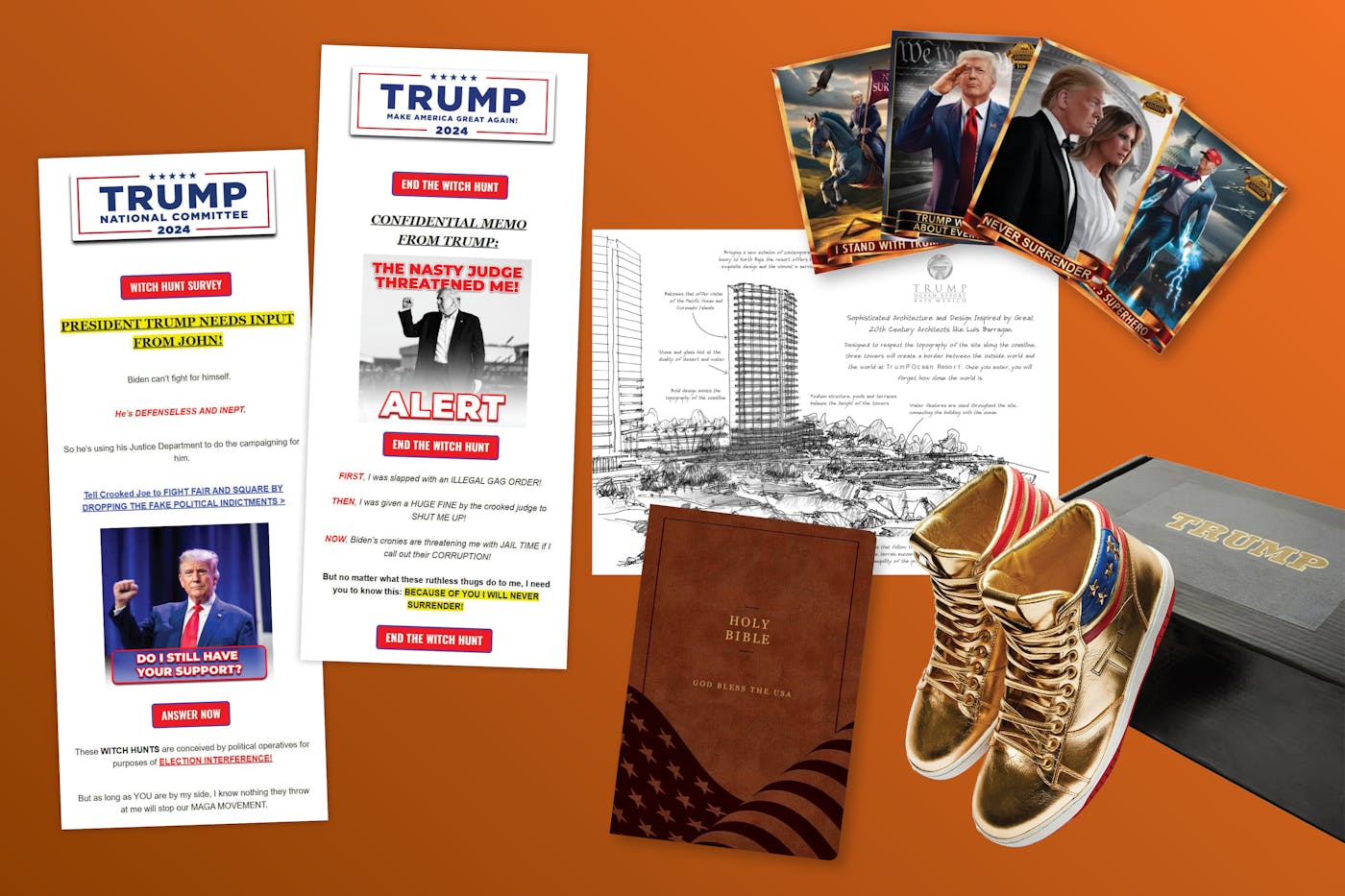 Photographs of gold sneakers, Trumps bible, Trump's playing cards, and Trump fundraising emails