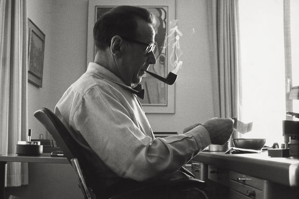 George Simenon smoking a pipe at his writing table in Epalinges, Switzerland, 1966