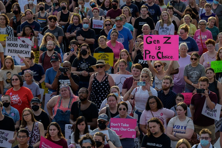 People protest in support of abortion rights outside a Planned Parenthood in St. Louis, Missouri