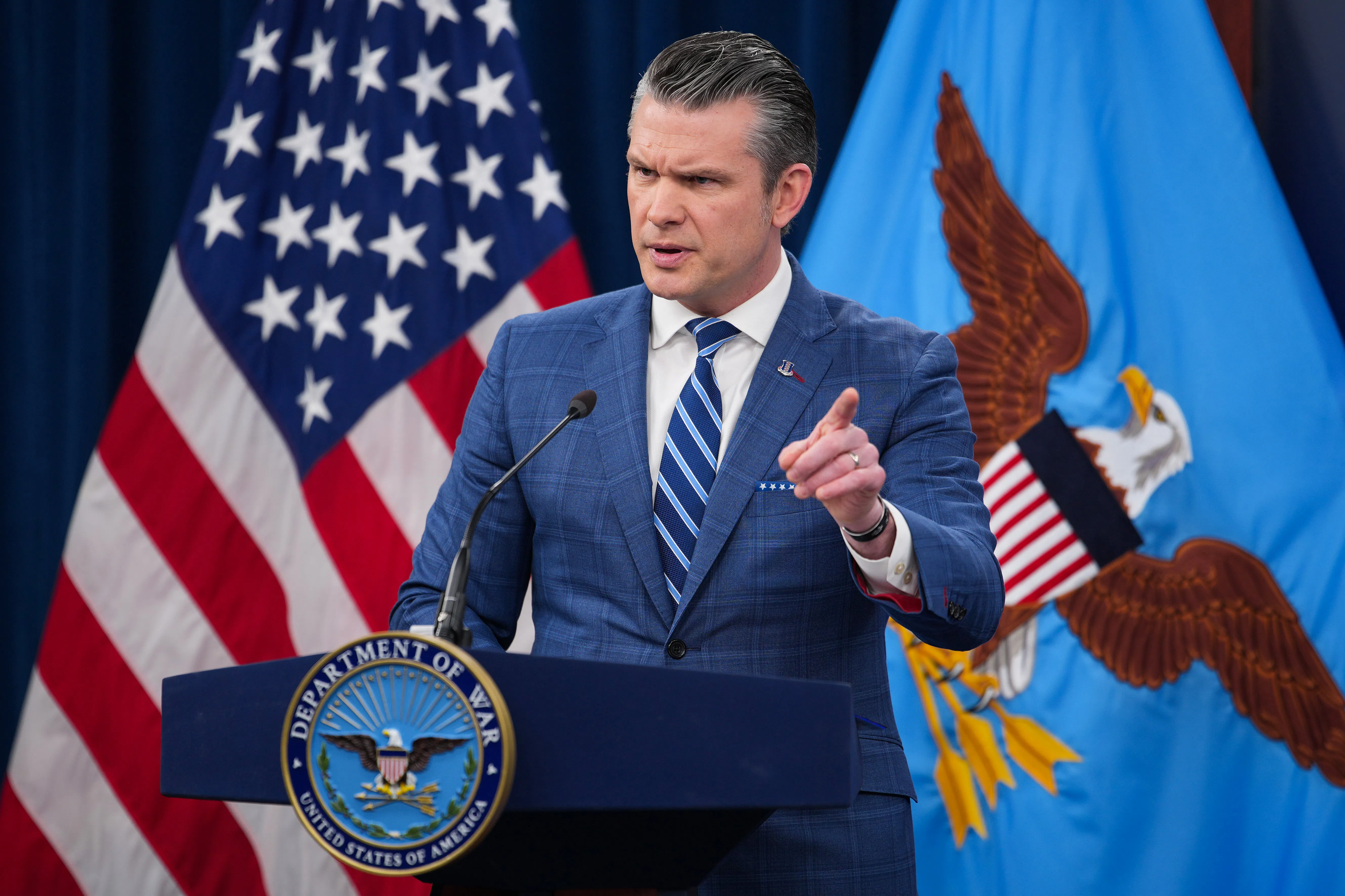Defense Secretary Pete Hegseth speaks at a news conference.