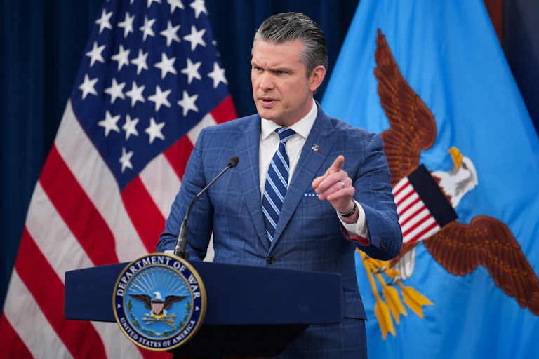 Defense Secretary Pete Hegseth speaks at a news conference.
