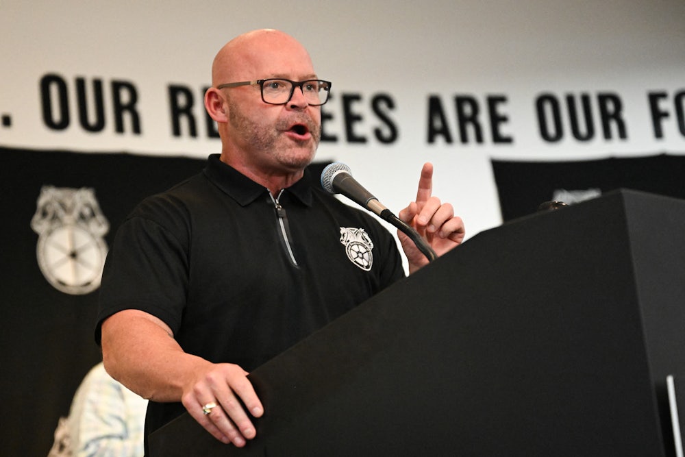 Teamsters General President Sean M. O'Brien speaks during a rally with workers and union members as part of an "Amazon Teamsters Day of Solidarity" in Long Beach, California.