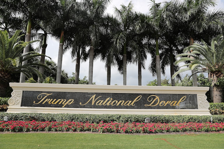 The sign at the entrance of Donald Trump’s Trump National Doral golf resort