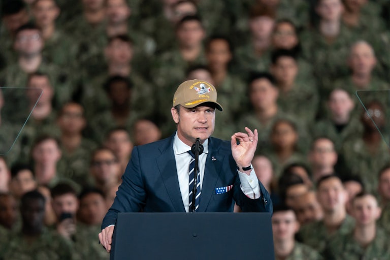 Defense Secretary Pete Hegseth speaks to troops.
