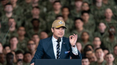 Defense Secretary Pete Hegseth speaks to troops.