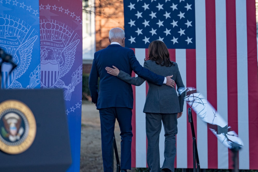 President Joe Biden and Vice President Kamala Harris leave after speaking to a crowd at the Atlanta University Center Consortium.