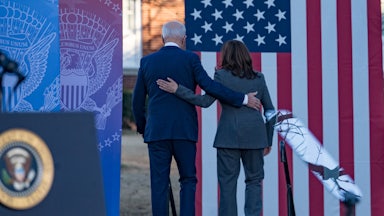 President Joe Biden and Vice President Kamala Harris leave after speaking to a crowd at the Atlanta University Center Consortium.