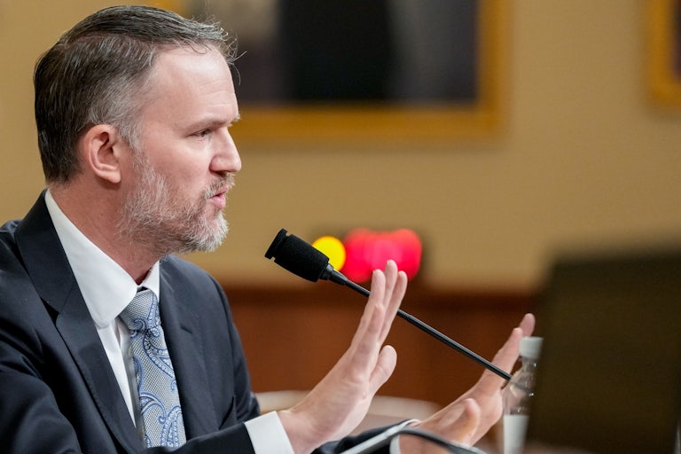 Donald Trump’s trade Representative Jamieson Greer gestures while speaking into a microphone during a House Ways and Means Committee hearing