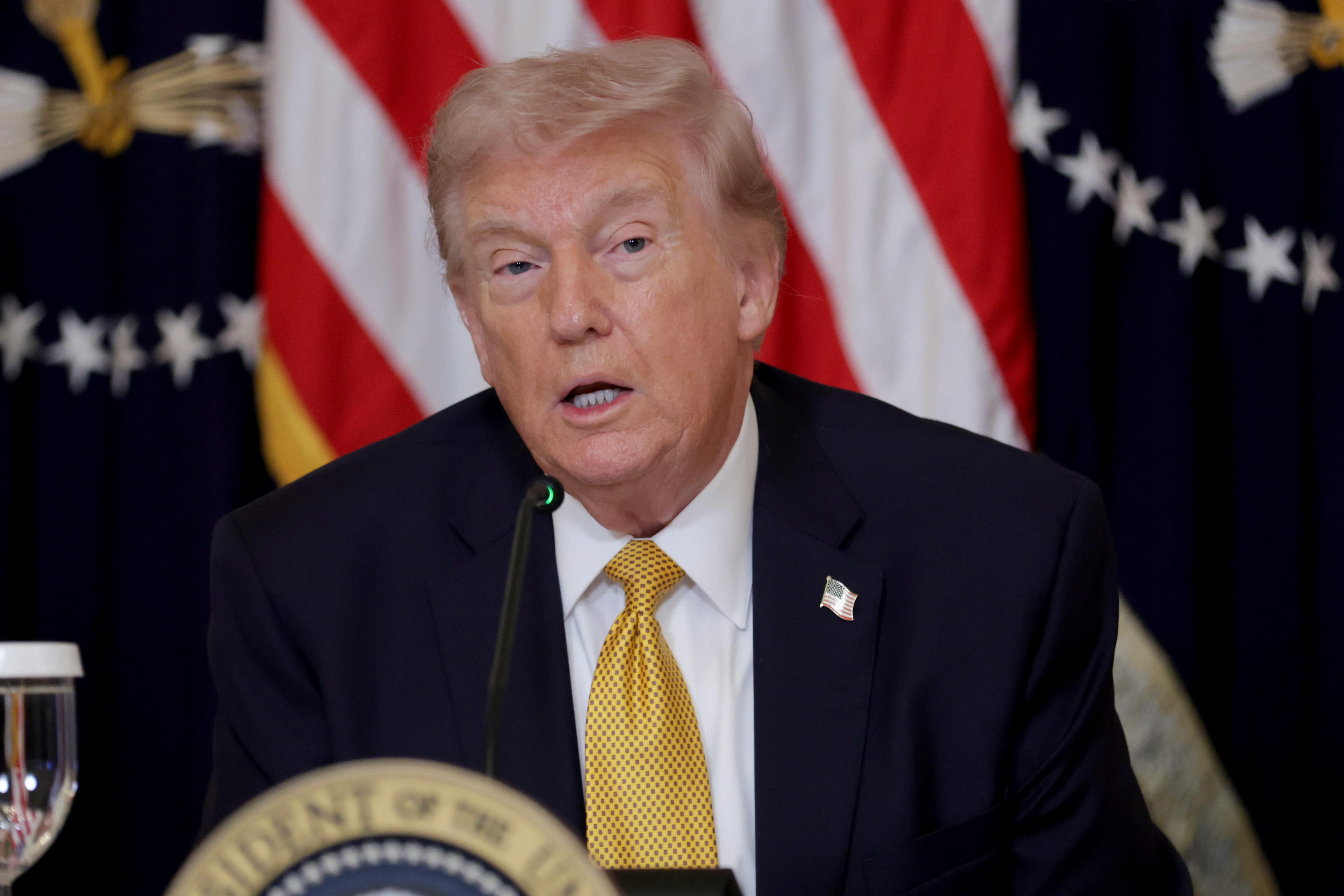 President Donald Trump speaks while seated at a table with the presidential seal.