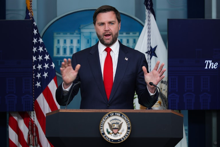Vice President JD Vance speaks in the White House press briefing room