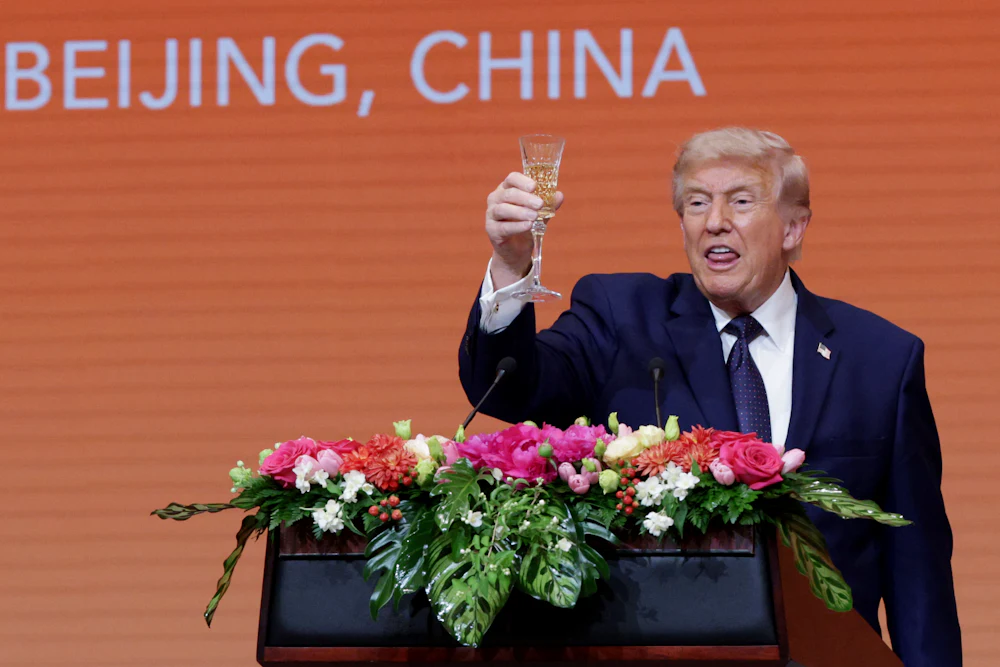 Donald Trump makes a toast during a state banquet hosted by Chinese President Xi Jinping.