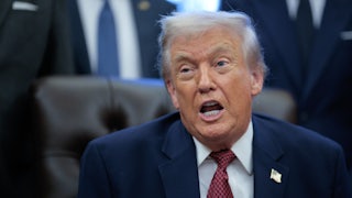 Donald Trump speaks in a meeting at the Oval Office.