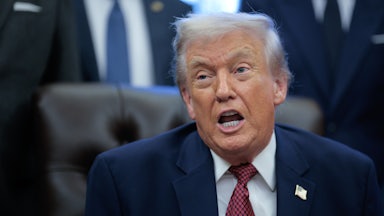 Donald Trump speaks in a meeting at the Oval Office.